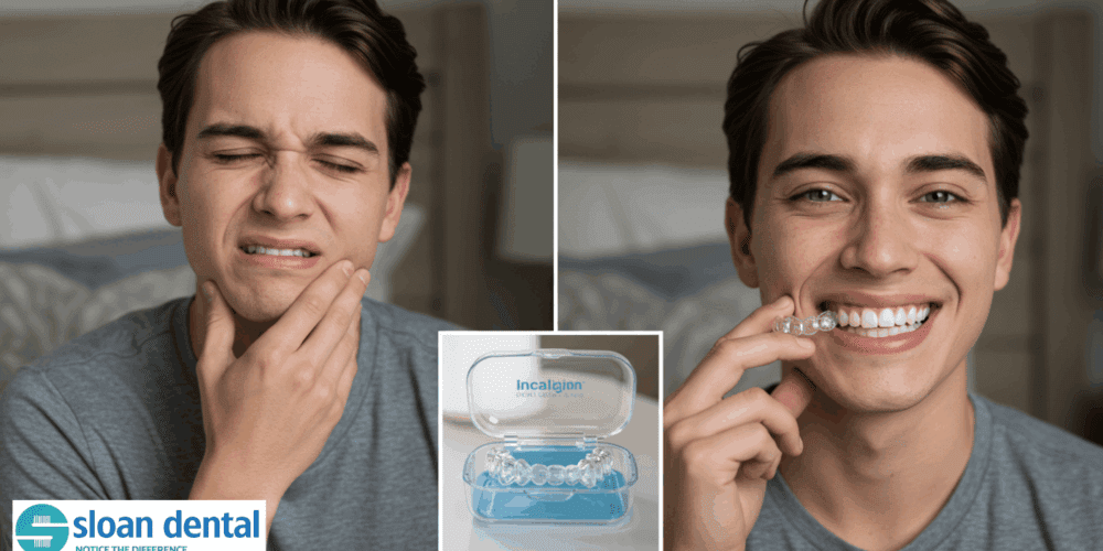Person with jaw tightness in the morning and later smiling with Invisalign aligners showing relief from headaches and teeth grinding.